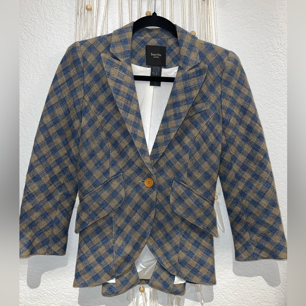 Smythe plaid one-button Blazer with elbow patches, peaked lapels, vintage